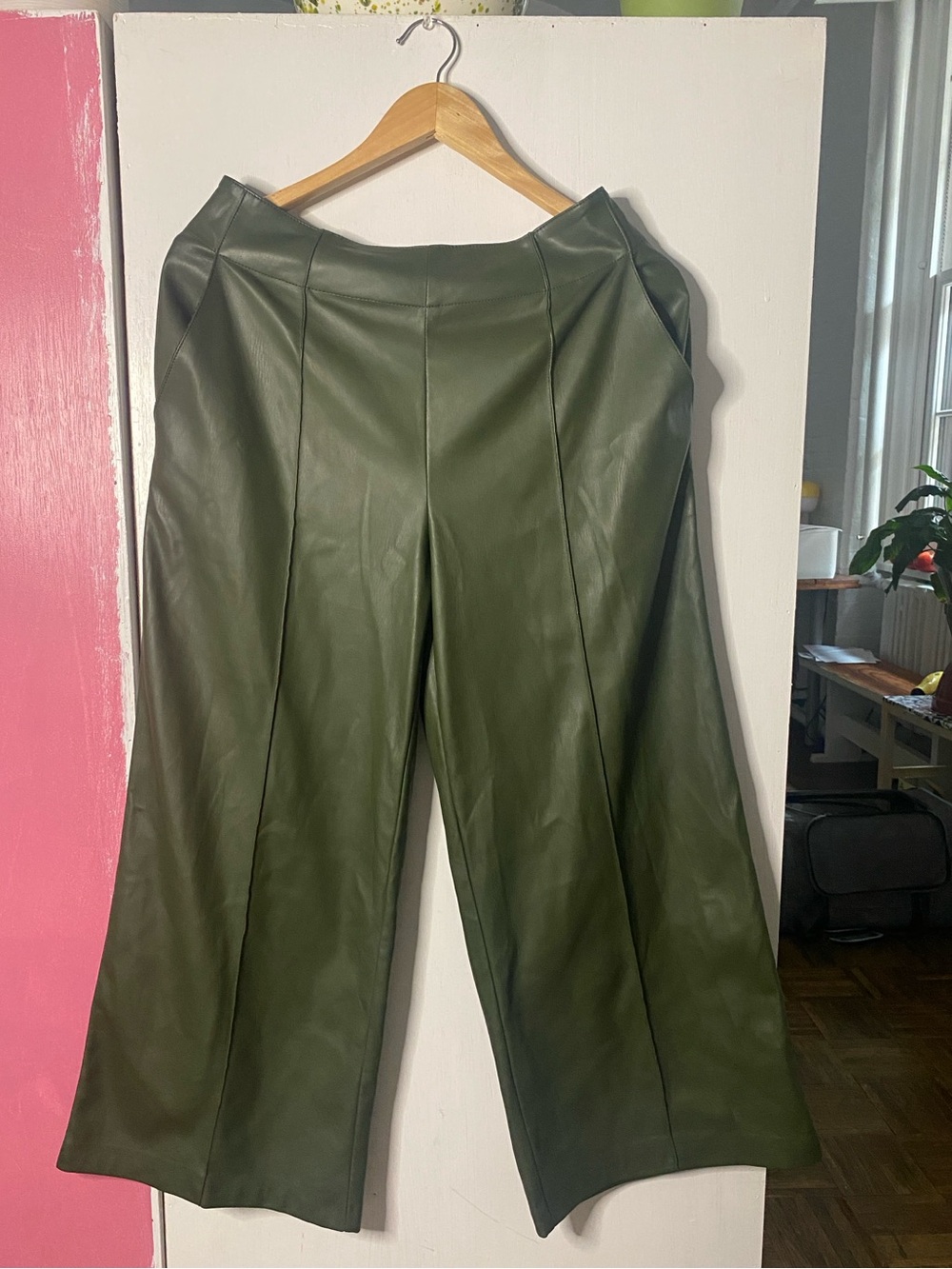 Maeve Wide-Leg Faux Leather Pants in Olive Green